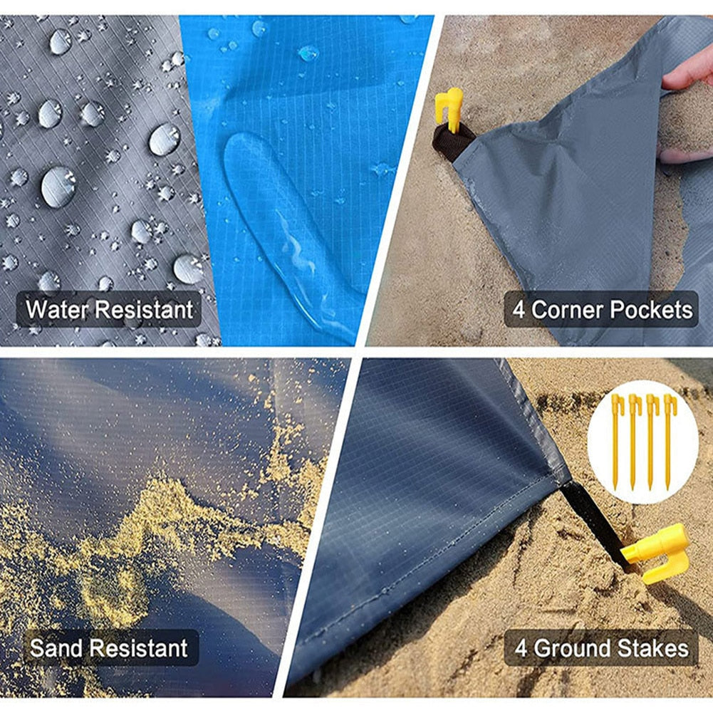 Beach Blanket Waterproof Pocket Mat, 2x2.1m/ 2x1.4m Folding Camping Mat - Portable Mat Outdoor Picnic Mat Sand Beach Mat